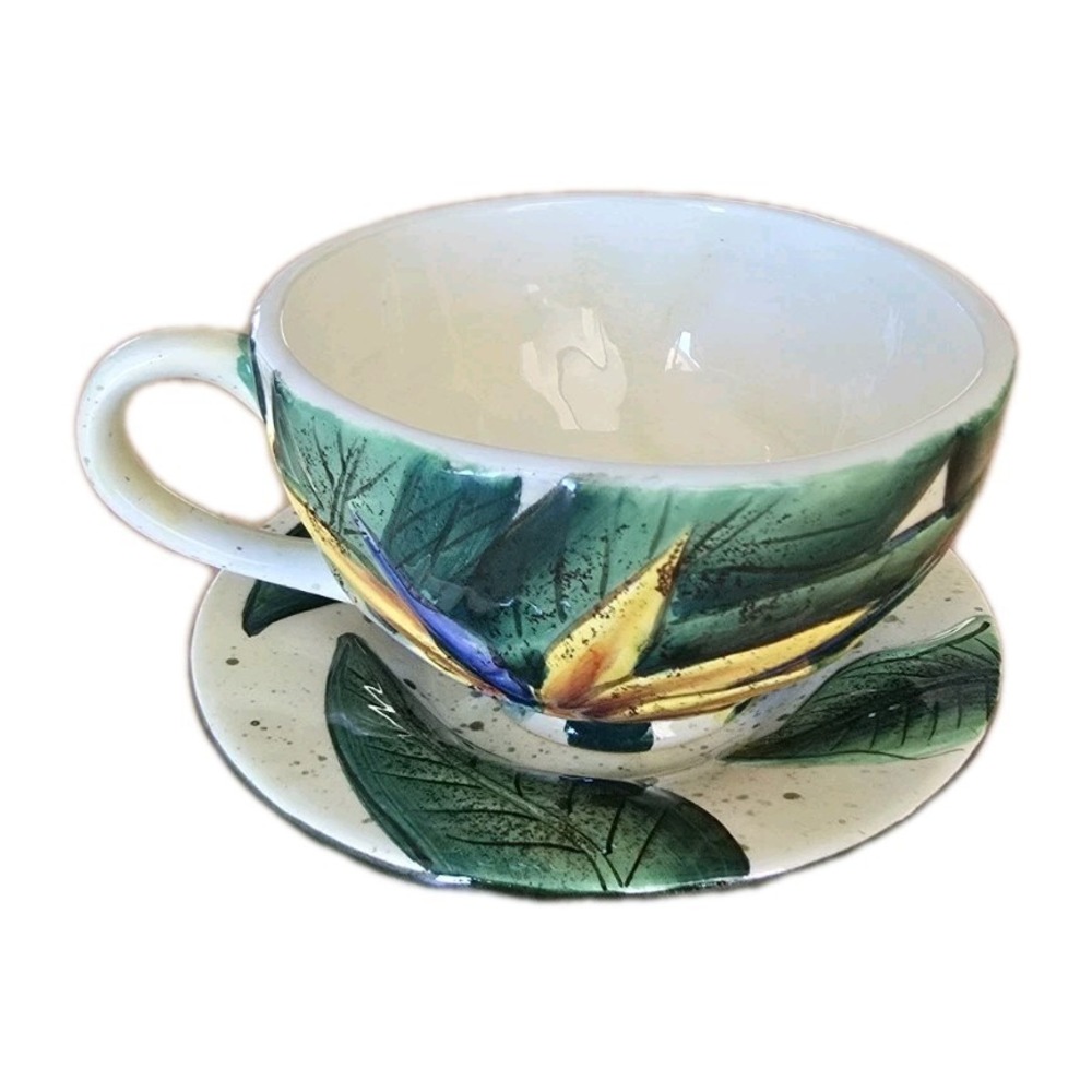 Island Plantation Bird of Paradise Teacup and Saucer Set. tropical Island